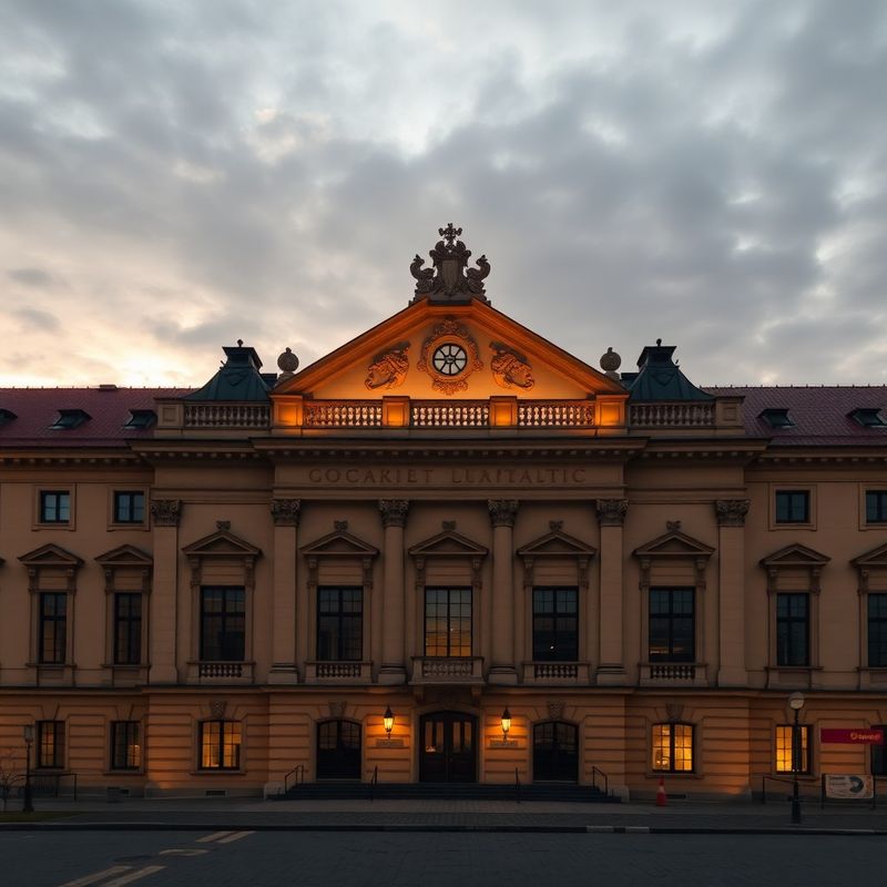 Baroque civic building in Košice at dusk with warm gold stone facade